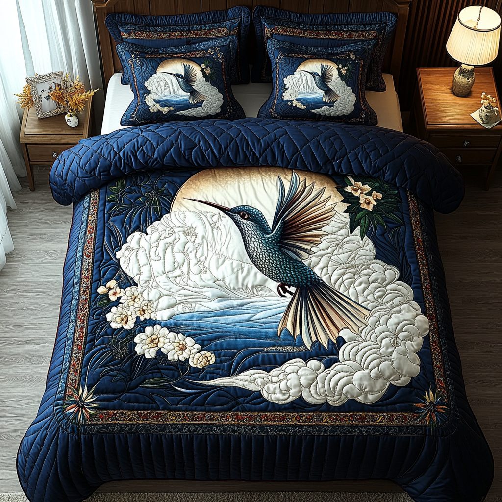 Tiny Wonder quilted 3-piece bedding set on a made bed with two matching pillow shams