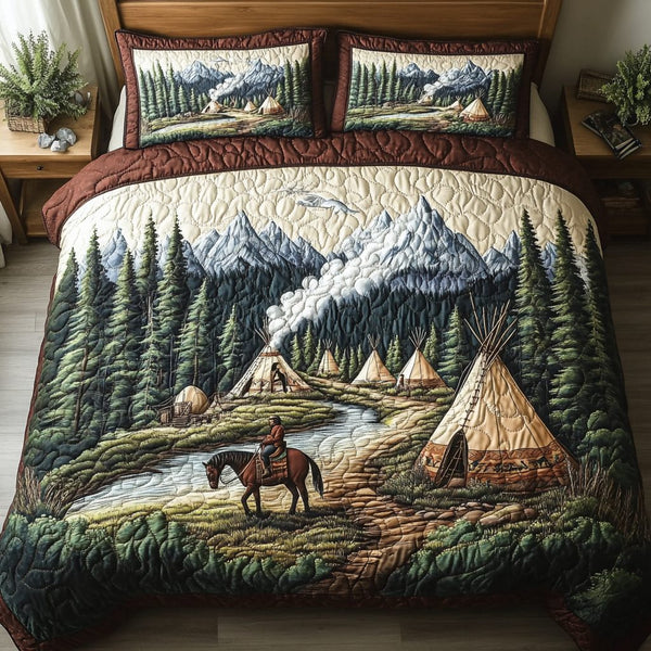 Tipi Adventure quilted 3-piece bedding set on a made bed in a winter-styled bedroom