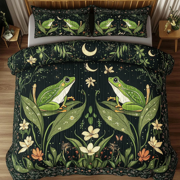 Toad Bloom quilted 3-piece bedding set on a made bed with two matching pillow shams