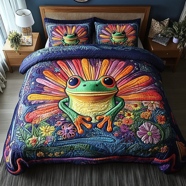 Toadally Adorable quilted 3-piece bedding set on a made bed with two matching pillow shams