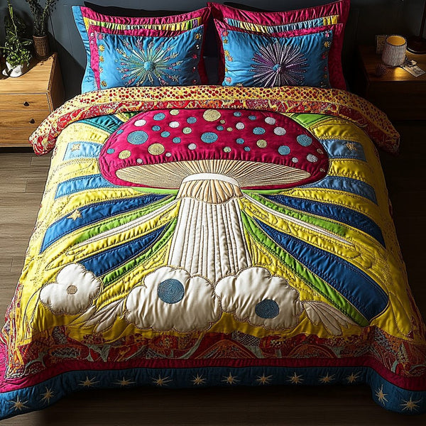Toadstool Charm quilted 3-piece bedding set on a made bed with two matching pillow shams