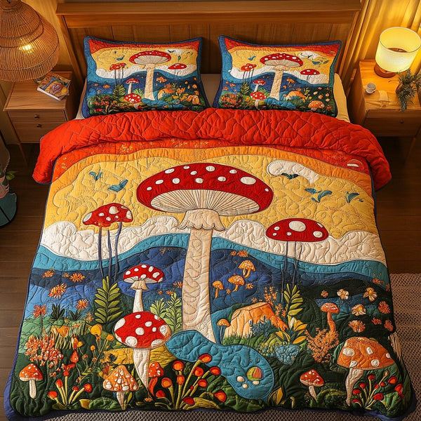 Toadstool Charm quilted 3-piece bedding set on a made bed with two matching pillow shams