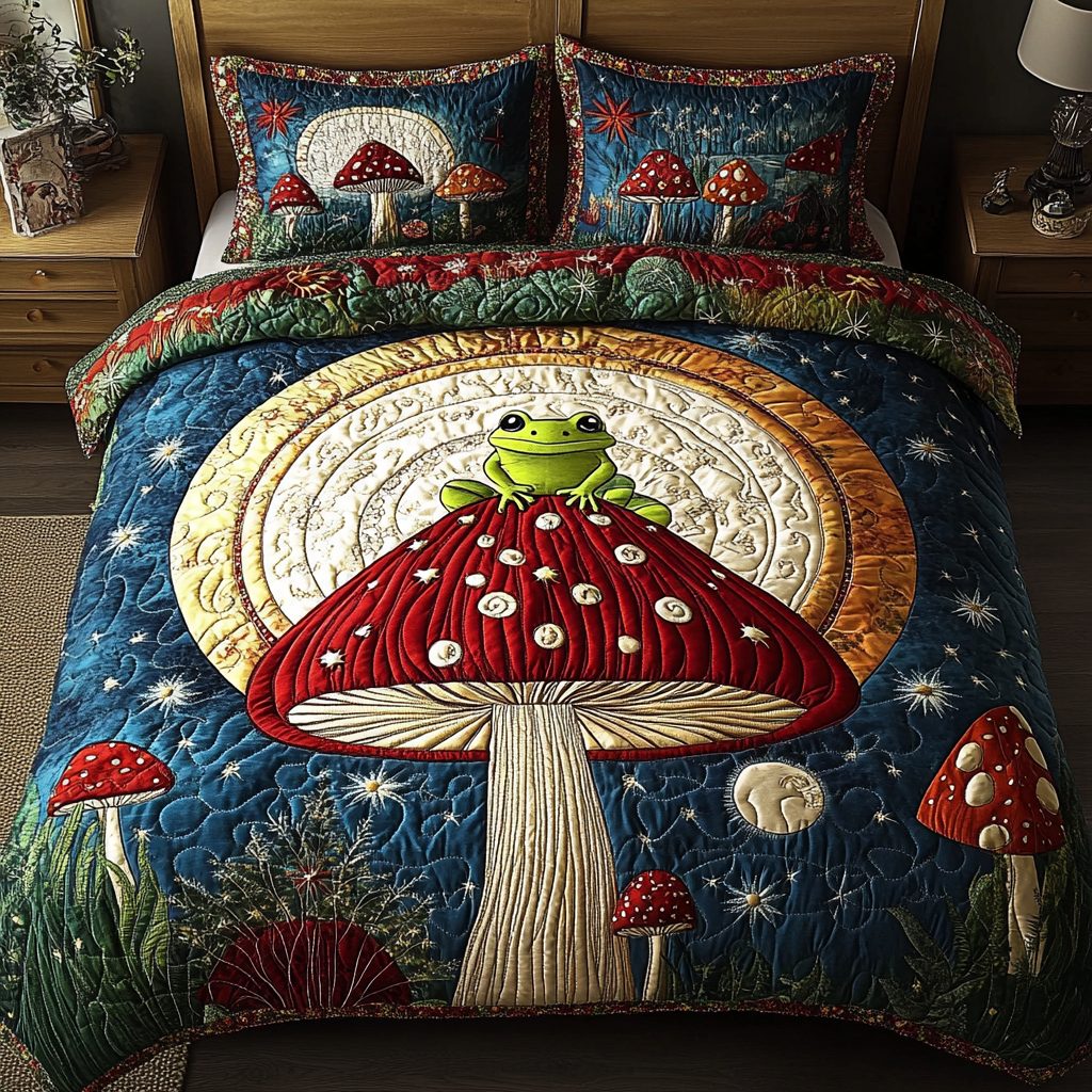 Toadstool Dreams quilted 3-piece bedding set on a made bed with two matching pillow shams