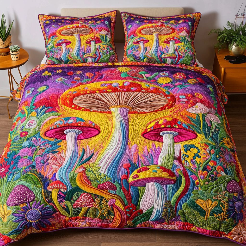 Toadstool Tales quilted 3-piece bedding set on a made bed with two matching pillow shams