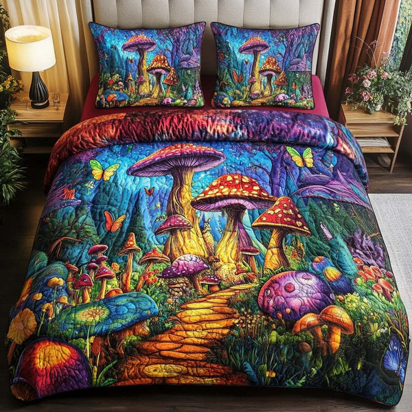 Toadstool Trail quilted 3-piece bedding set on a made bed with two matching pillow shams