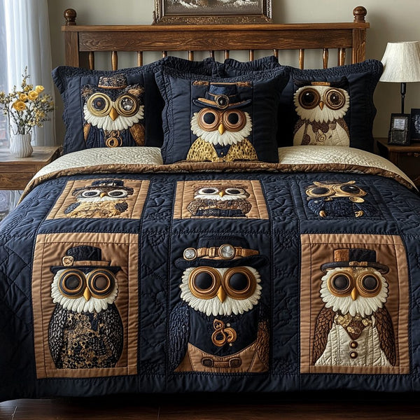 Top Hat Tails quilted 3-piece bedding set on a made bed in a rustic timber bedroom