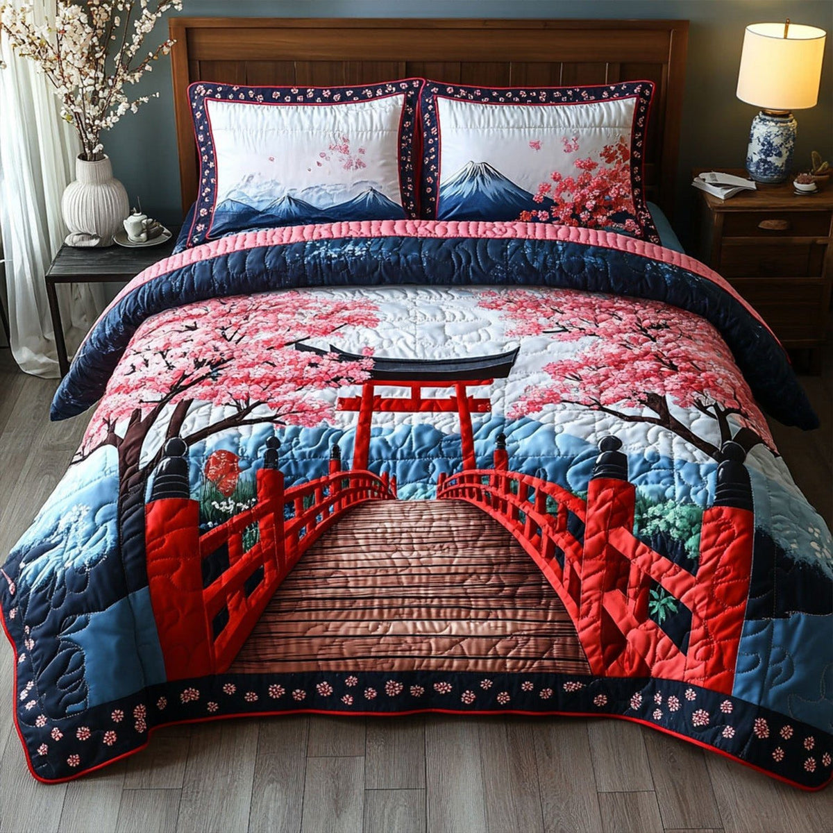 Torii Gate Serenity quilted 3-piece bedding set on a made bed with two matching pillow shams