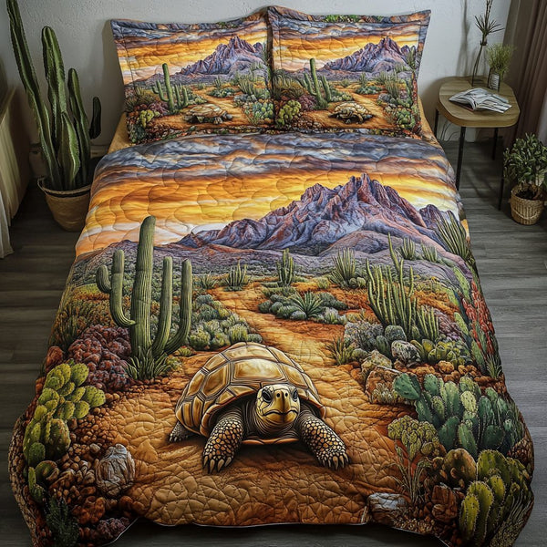 Tortoise Trail quilted 3-piece bedding set on a made bed with two matching pillow shams