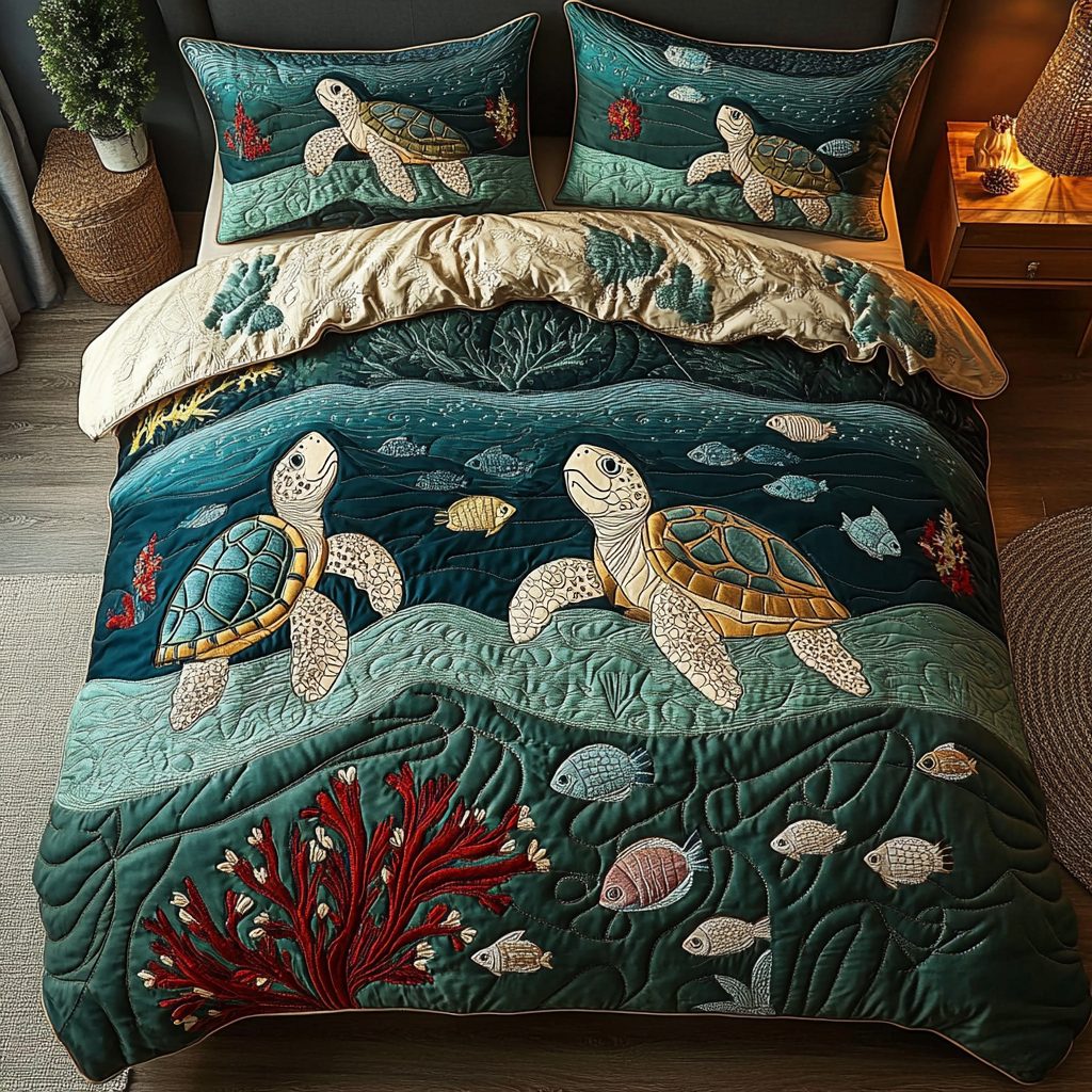 Tortoise Tranquility quilted 3-piece bedding set on a made bed with two matching pillow shams