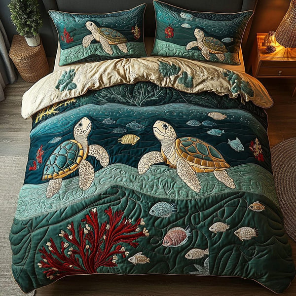 Tortoise Tranquility quilted 3-piece bedding set on a made bed with two matching pillow shams