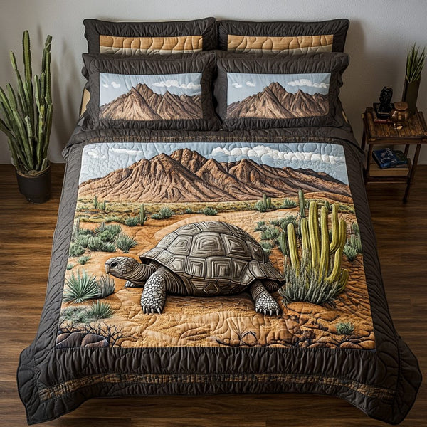 Tortoise Trek quilted 3-piece bedding set on a made bed with two matching pillow shams
