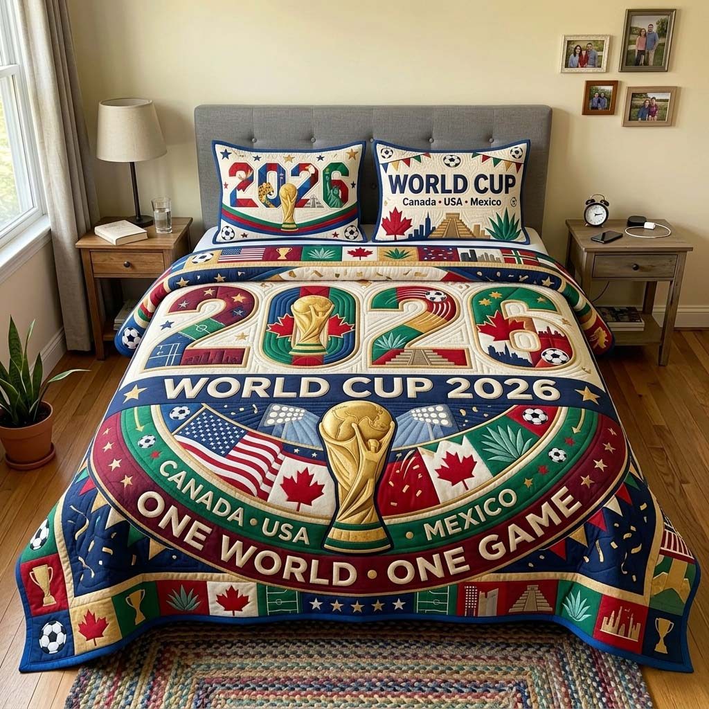 Tournament Unity quilted 3-piece bedding set on a made bed with two matching pillow shams