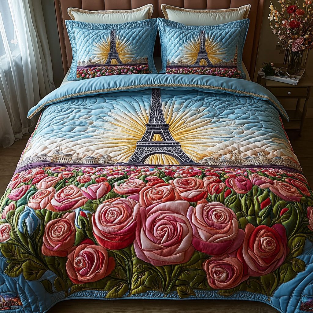 Tower Lights quilted 3-piece bedding set on a made bed with two matching pillow shams