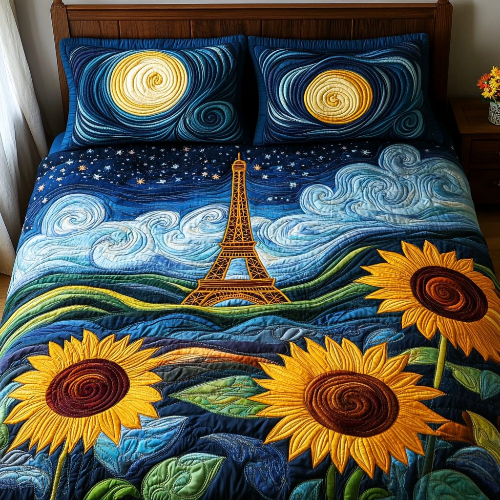 Tower Magic quilted 3-piece bedding set on a made bed with two matching pillow shams