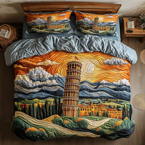 Tower View quilted 3-piece bedding set on a made bed with two matching pillow shams