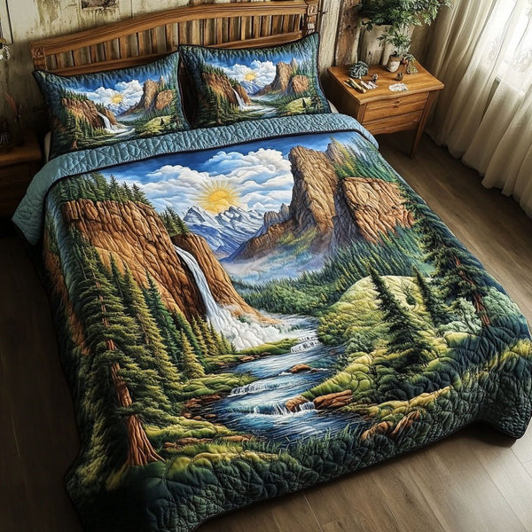 Towering El Capitan quilted 3-piece bedding set on a made bed with two matching pillow shams