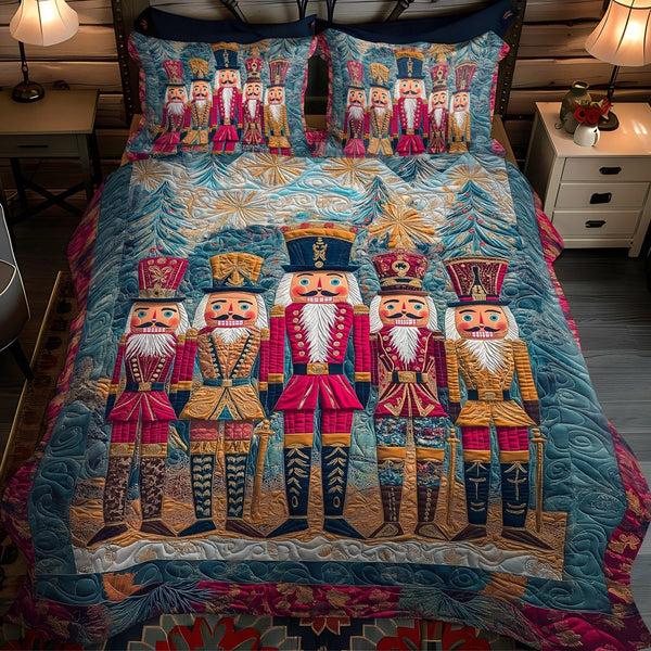 Toy Soldier Waltz quilted 3-piece bedding set on a made bed in a warmly lit bedroom