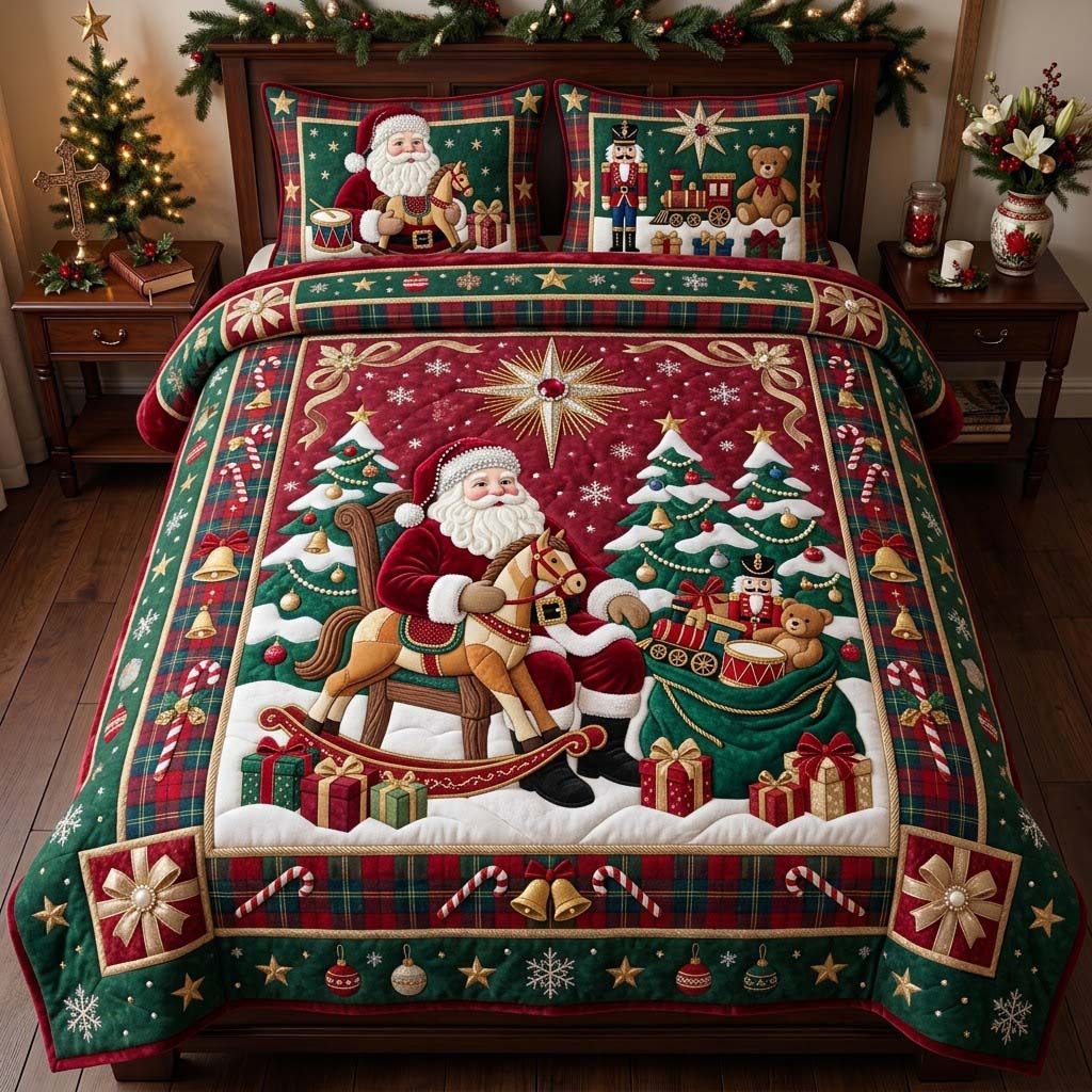 Toy Workshop Christmas quilted 3-piece bedding set on a made bed in a winter-styled bedroom