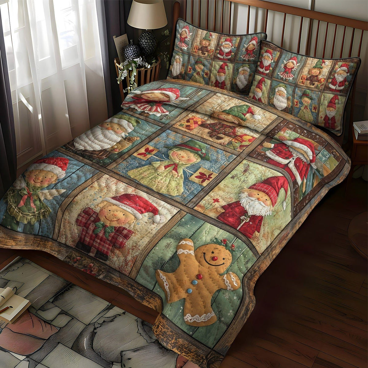 Toyland Christmas quilted 3-piece bedding set on a made bed in a winter-styled bedroom