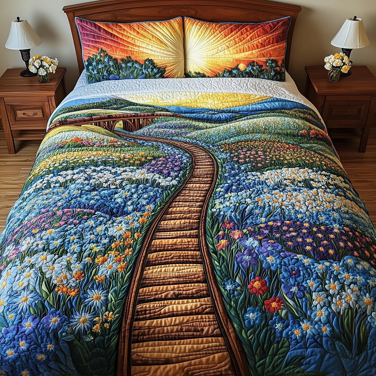 Tracks of Texas quilted 3-piece bedding set on a made bed in a rustic timber bedroom