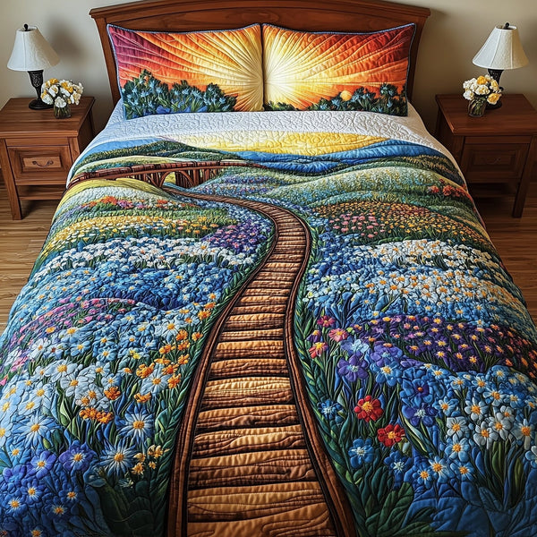 Tracks of Texas quilted 3-piece bedding set on a made bed in a rustic timber bedroom