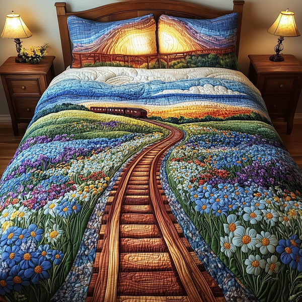 Tracks of Texas quilted 3-piece bedding set on a made bed in a rustic timber bedroom