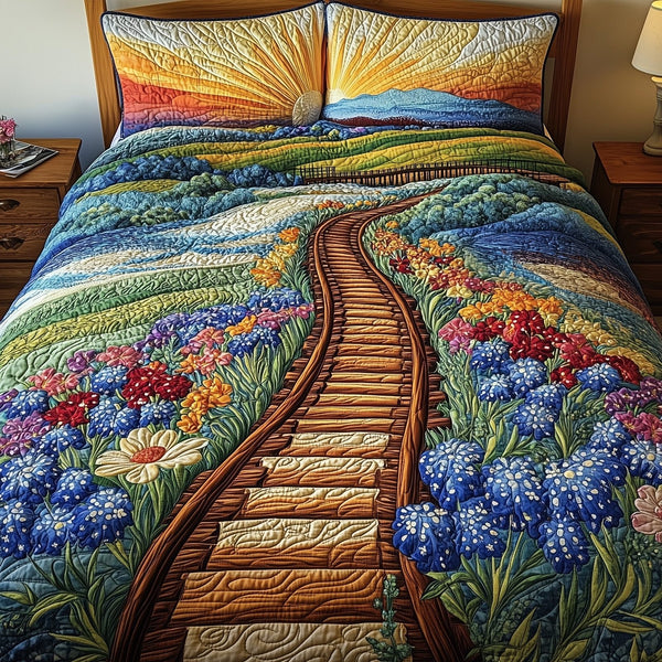 Tracks of Texas quilted 3-piece bedding set on a made bed in a rustic timber bedroom