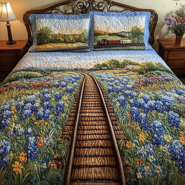 Tracks of Texas quilted 3-piece bedding set on a made bed in a rustic timber bedroom