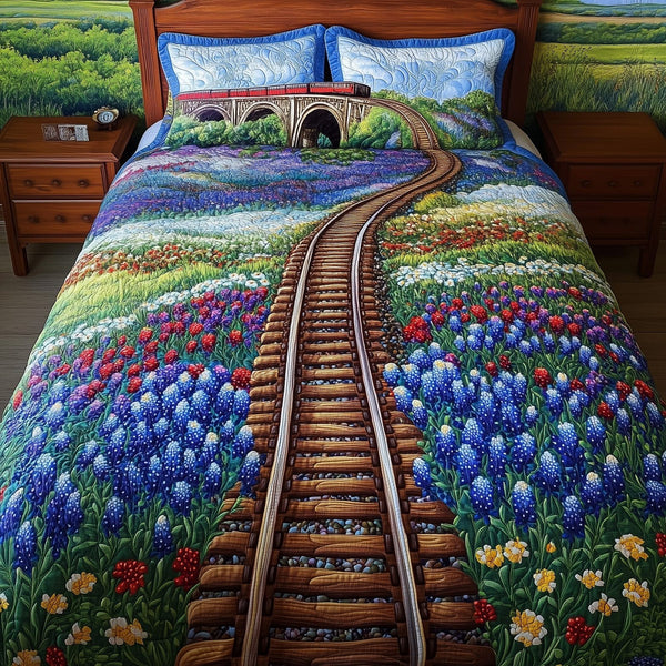 Tracks of Texas quilted 3-piece bedding set on a made bed in a rustic timber bedroom