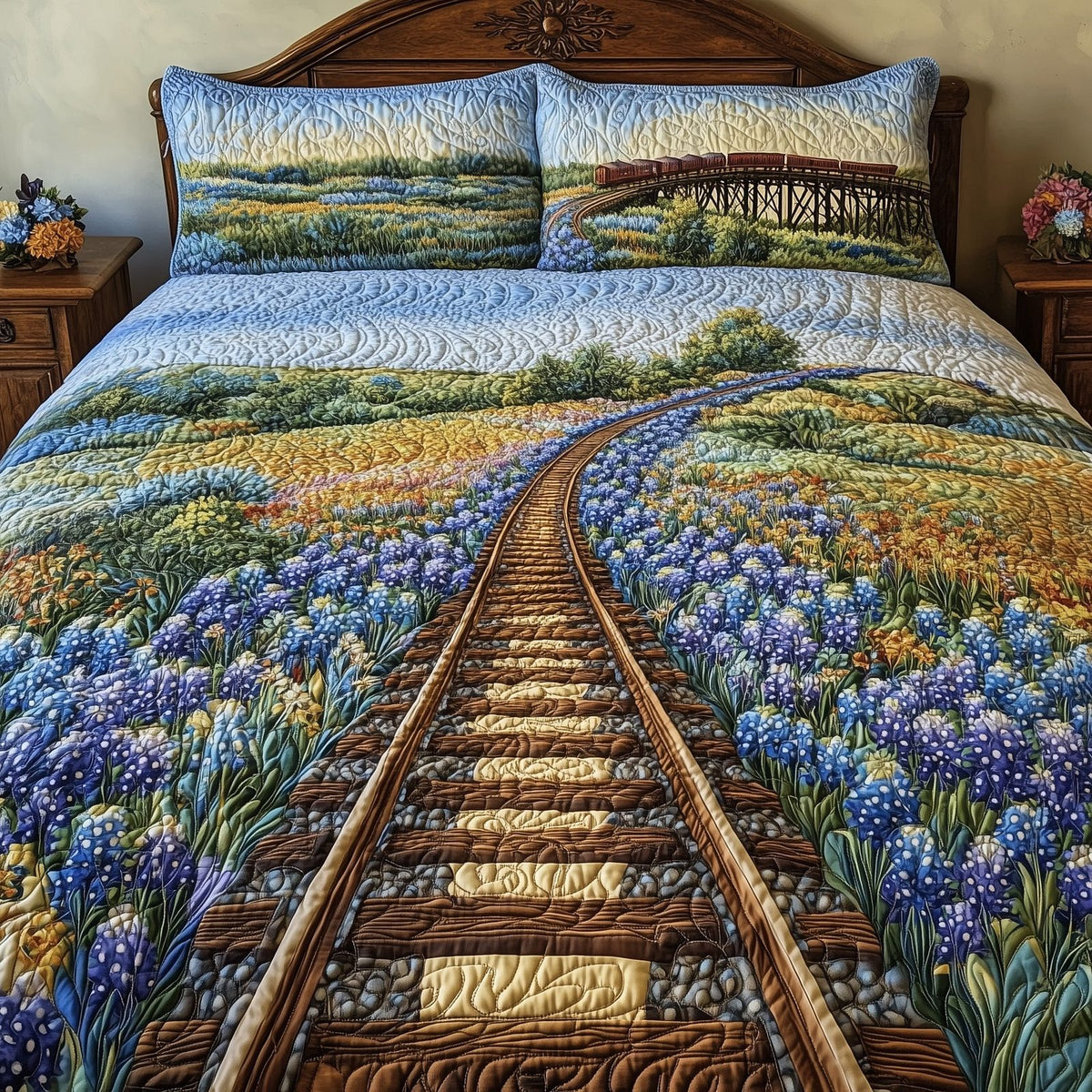 Tracks of Texas quilted 3-piece bedding set on a made bed in a rustic timber bedroom
