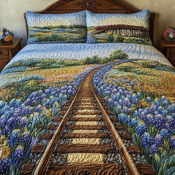 Tracks of Texas quilted 3-piece bedding set on a made bed in a rustic timber bedroom