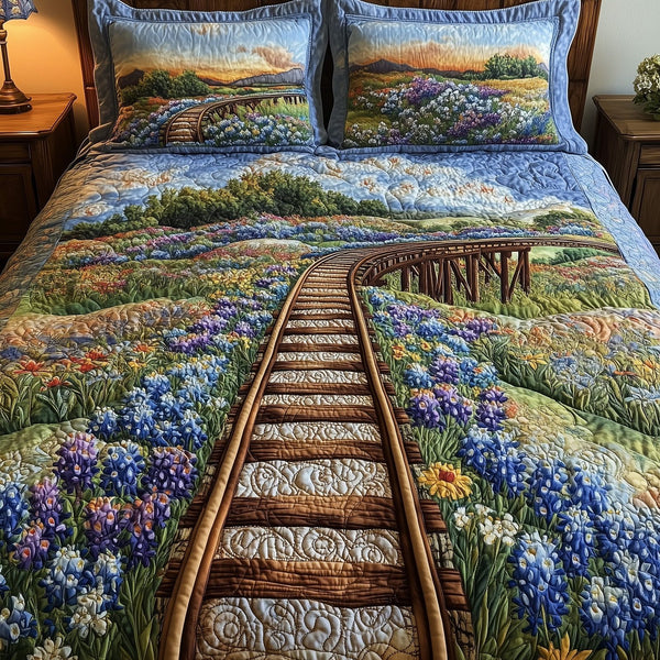 Tracks of Texas quilted 3-piece bedding set on a made bed in a rustic timber bedroom
