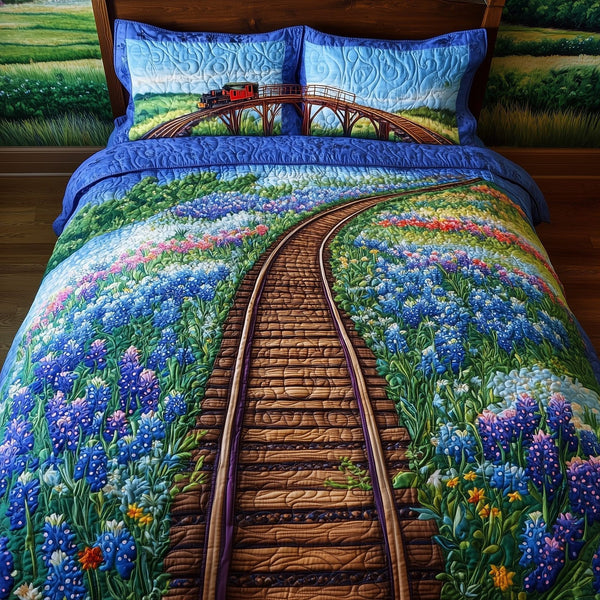 Tracks of Texas quilted 3-piece bedding set on a made bed in a rustic timber bedroom