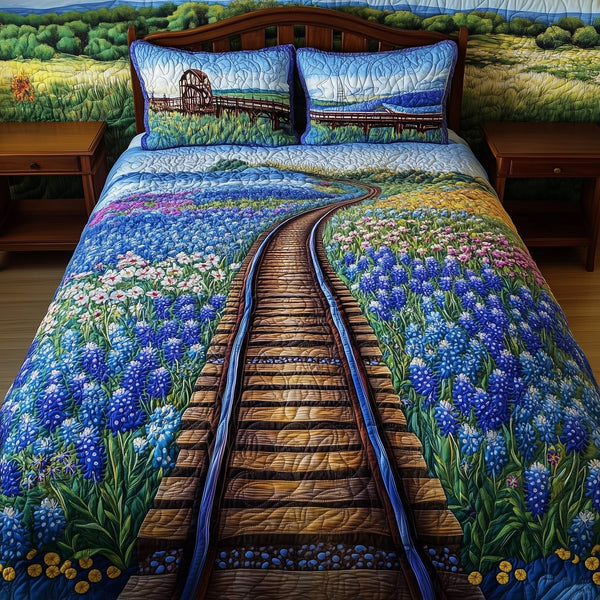 Tracks of Texas quilted 3-piece bedding set on a made bed in a rustic timber bedroom
