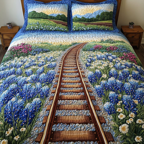 Tracks of Texas quilted 3-piece bedding set on a made bed in a rustic timber bedroom