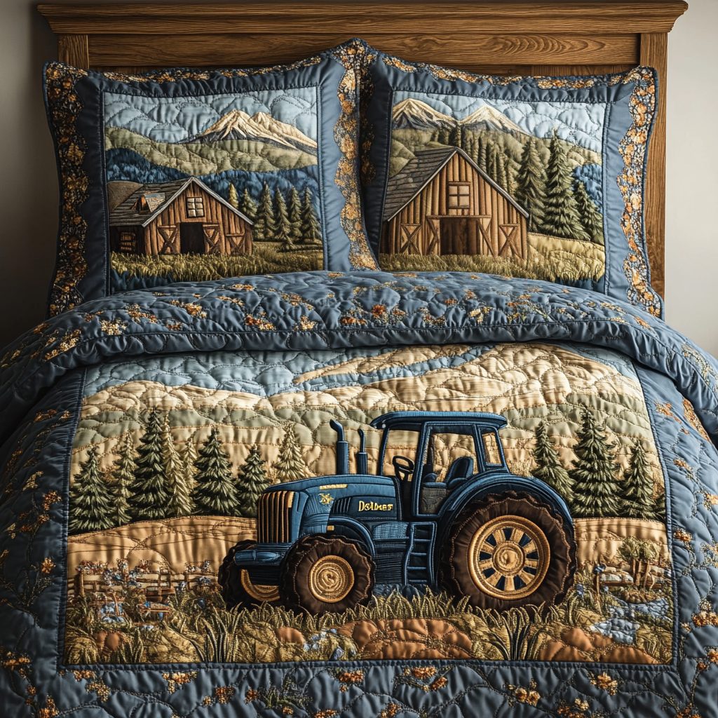 Tractor Adventure quilted 3-piece bedding set on a made bed in a winter-styled bedroom