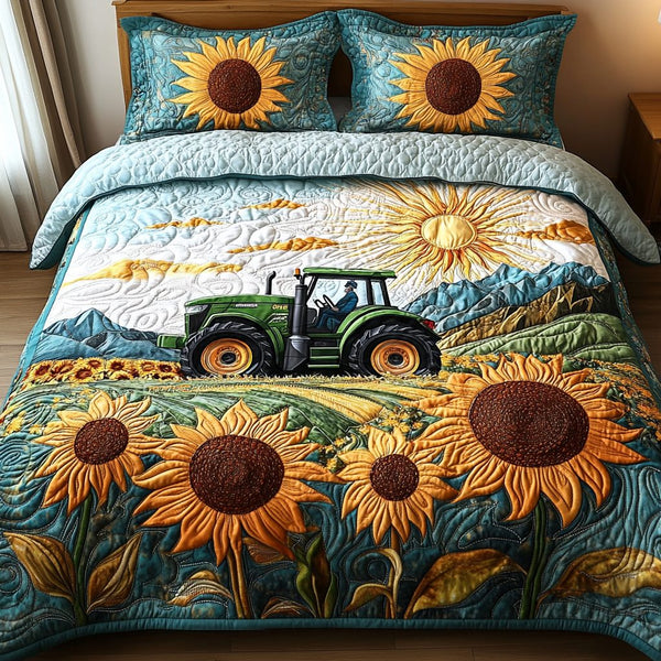 Tractor Bloom quilted 3-piece bedding set on a made bed with two matching pillow shams