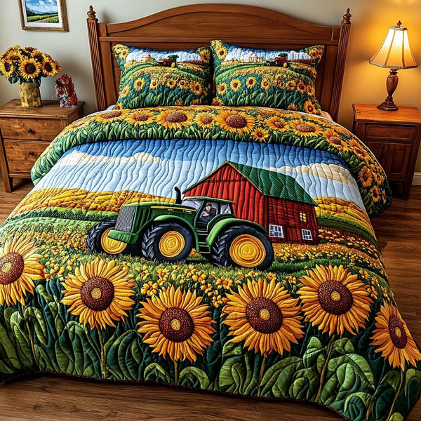 Tractor Bloom quilted 3-piece bedding set on a made bed with two matching pillow shams