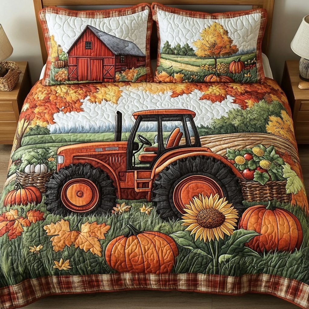 Tractor Days quilted 3-piece bedding set on a made bed with two matching pillow shams