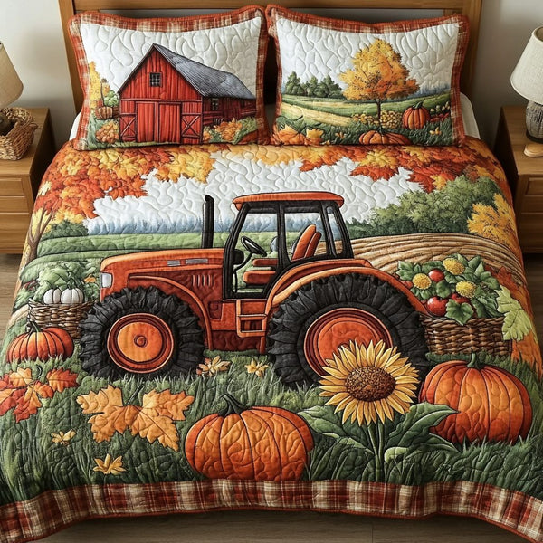 Tractor Days quilted 3-piece bedding set on a made bed with two matching pillow shams