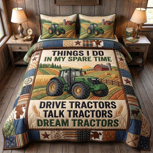 Tractor Dream quilted 3-piece bedding set on a made bed with two matching pillow shams