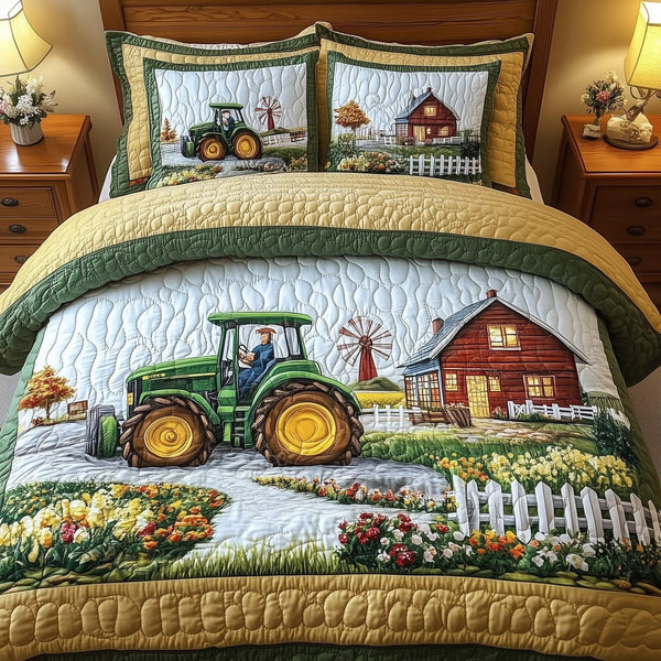 Tractor Dream quilted 3-piece bedding set on a made bed with two matching pillow shams