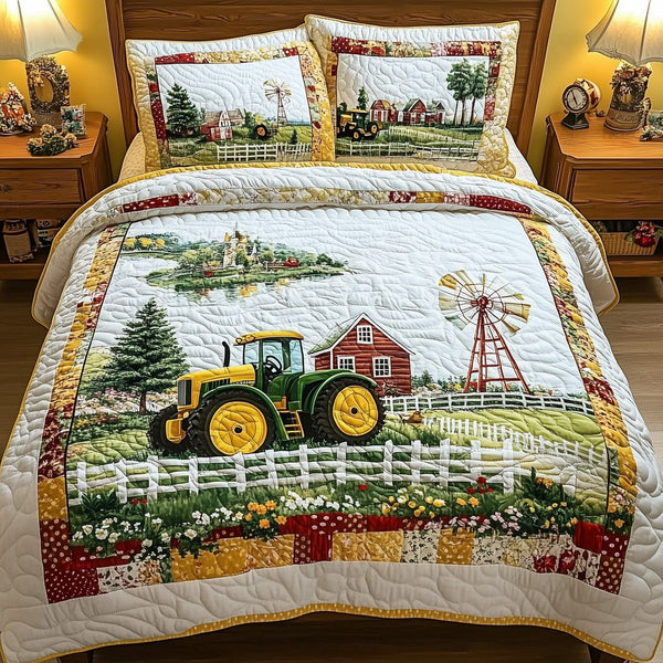 Tractor Dream quilted 3-piece bedding set on a made bed with two matching pillow shams