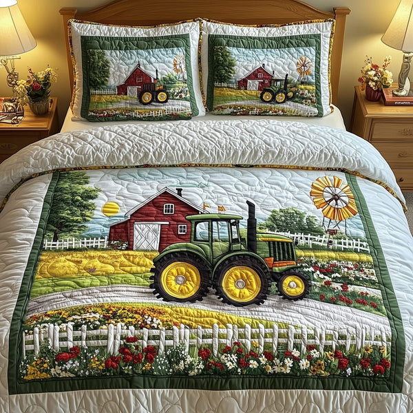 Tractor Dream quilted 3-piece bedding set on a made bed with two matching pillow shams