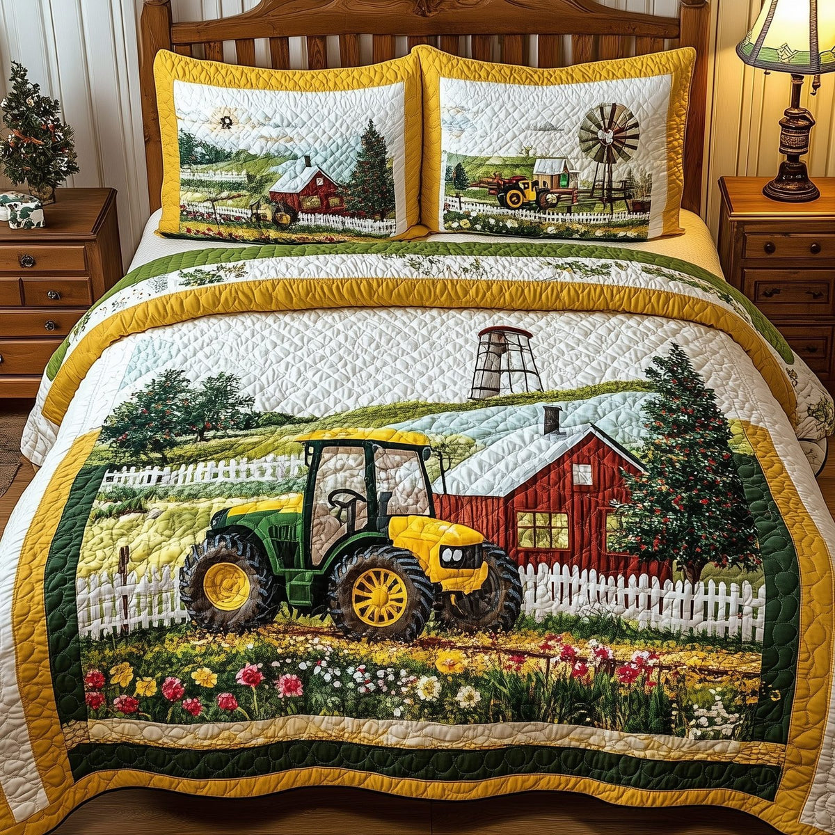 Tractor Dream quilted 3-piece bedding set on a made bed with two matching pillow shams