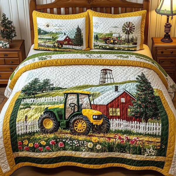 Tractor Dream quilted 3-piece bedding set on a made bed with two matching pillow shams