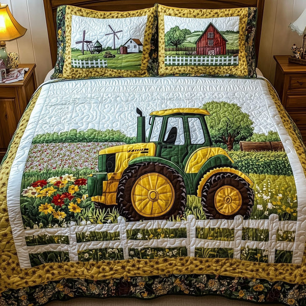 Tractor Dream quilted 3-piece bedding set on a made bed with two matching pillow shams