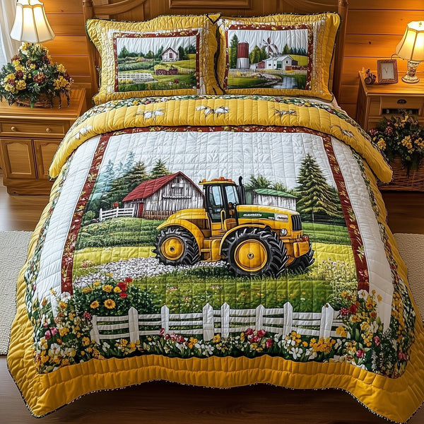 Tractor Dream quilted 3-piece bedding set on a made bed with two matching pillow shams