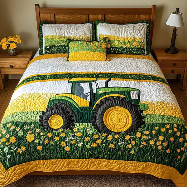 Tractor Dreams quilted 3-piece bedding set on a made bed with two matching pillow shams