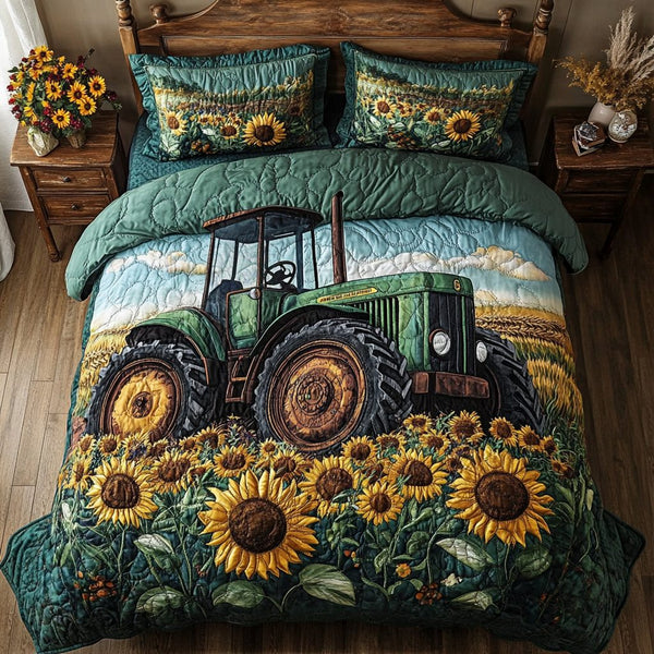 Tractor Dreams quilted 3-piece bedding set on a made bed with two matching pillow shams